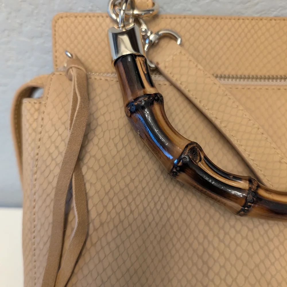 Elaine Turner Tan Snakeskin Embossed Leather Bamboo Handle Satchel Crossbody Bag